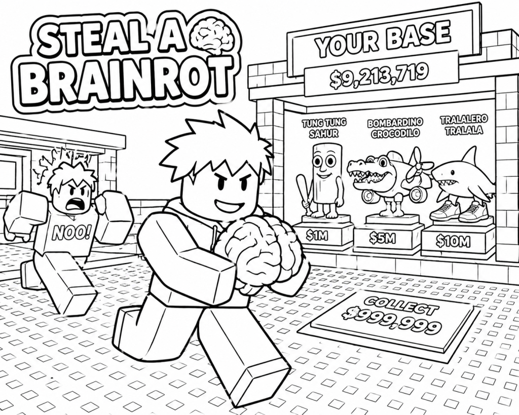 Steal a brainrot, brain running, coloring image