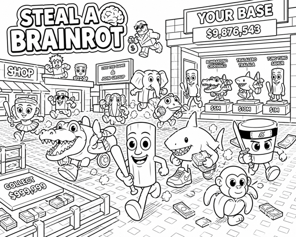 Steal a Brainrot, escaping brainrots coloring image