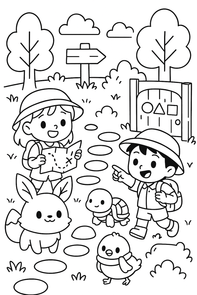 Two children and original cute animal companions follow a treasure map through a simple whimsical forest.
