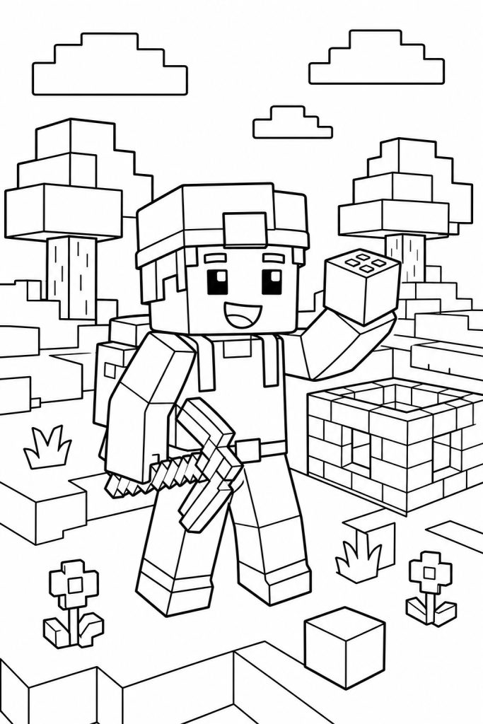 A smiling blocky explorer holding a pickaxe and a building block in a cozy world.