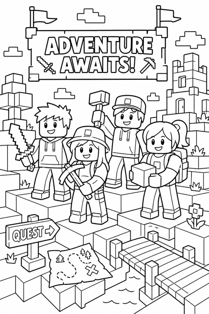 Four child explorers on blocky terrain with tools and a treasure map.