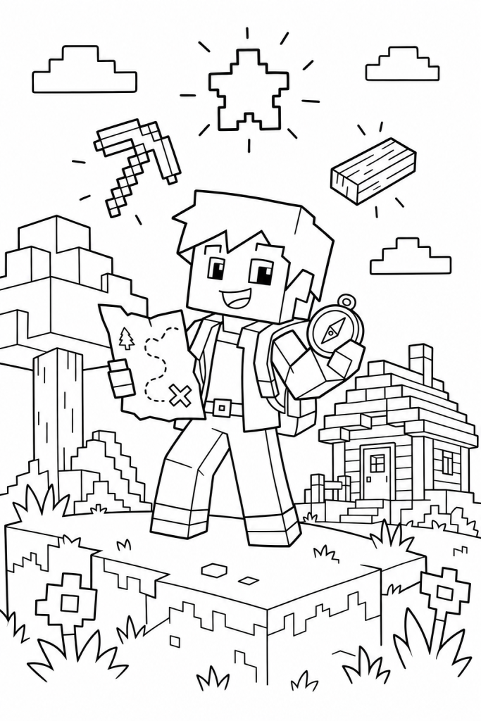 A blocky adventure explorer holding a map beside a cozy blocky landscape.