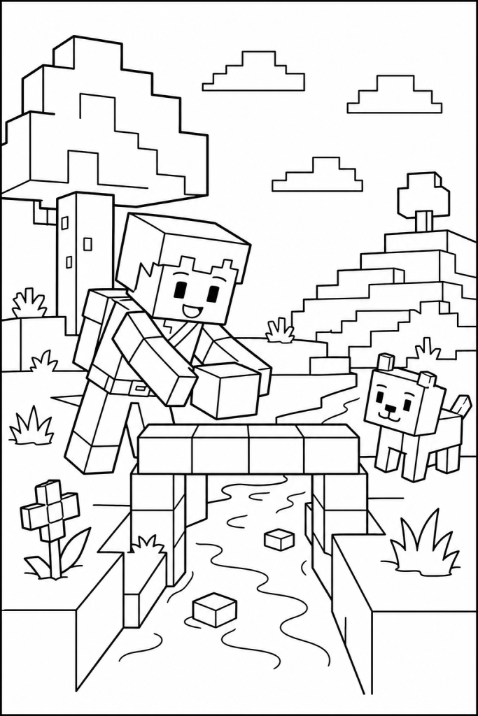 A blocky explorer building a tiny bridge with cube blocks.