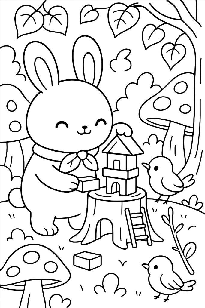 A cute original bunny creature builds a small treehouse with a bird helper in a cozy forest village.