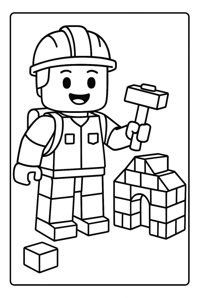 A smiling blocky builder avatar stands beside a small cozy block base with a toy hammer.