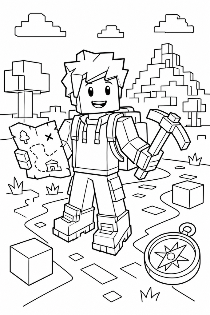 A blocky adventure hero holding a map and pickaxe on a simple path.