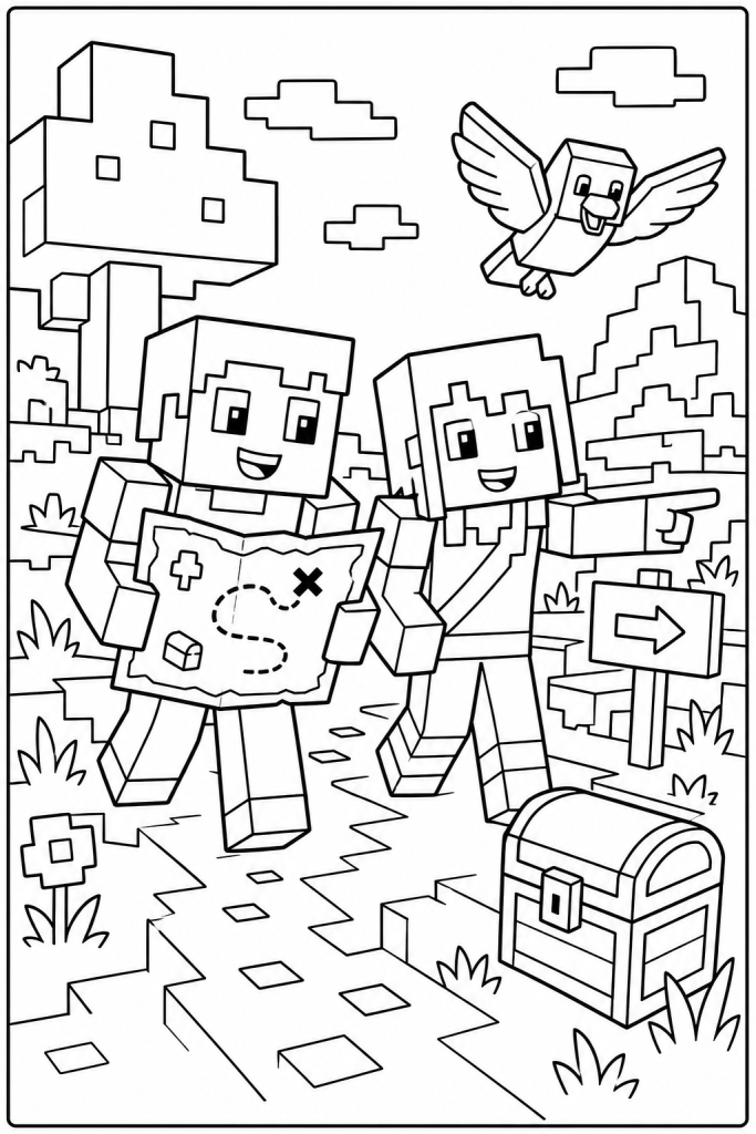 Two blocky adventurers follow a treasure map with a bird guide.