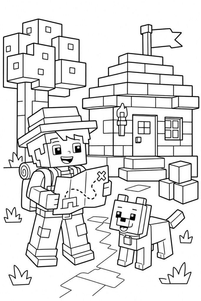 A child explorer with a map near a blocky house, tree, and building blocks.