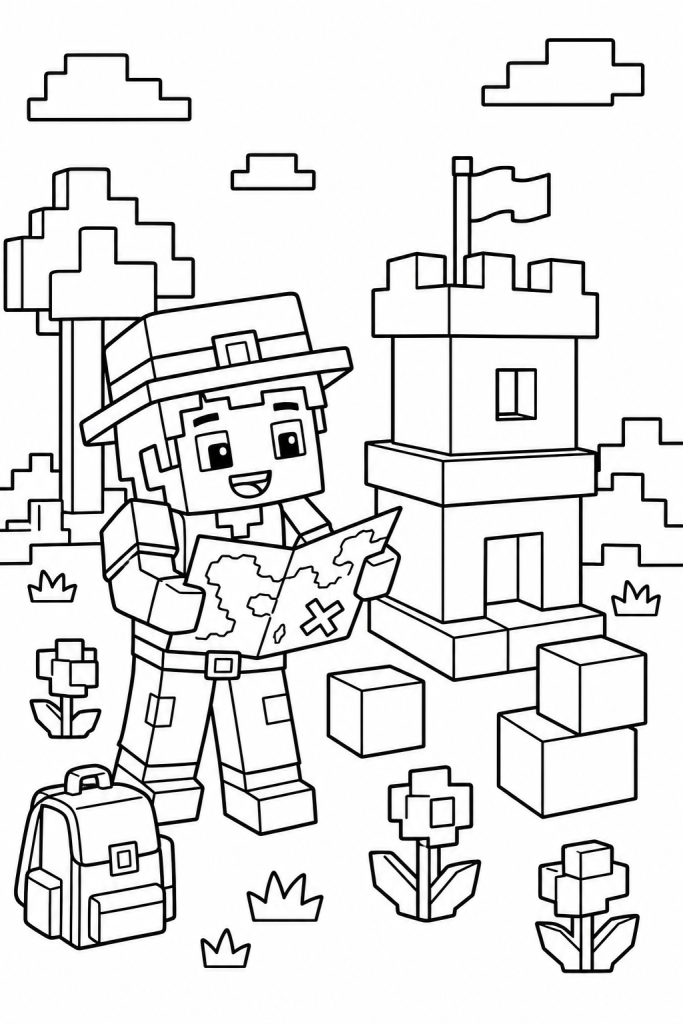 A child explorer stands beside a block tower in a blocky adventure world.