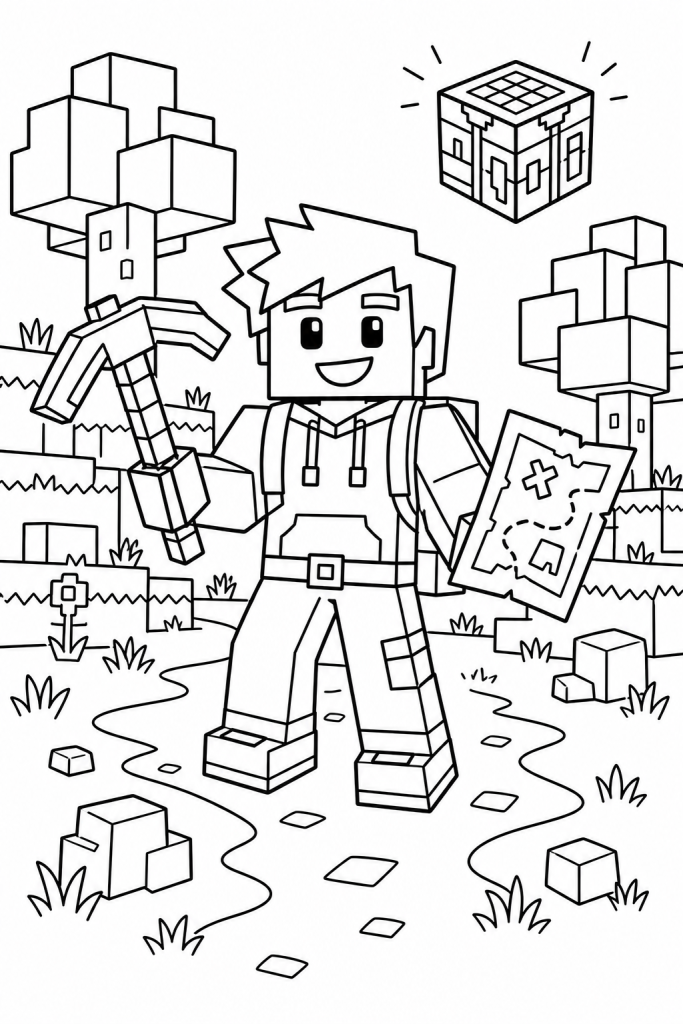 A blocky adventure kid with a pickaxe and map in a simple creative world.