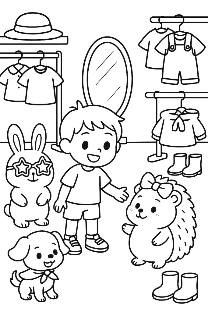 A child helps original animal companions choose hats, capes, and accessories in a cozy village boutique.