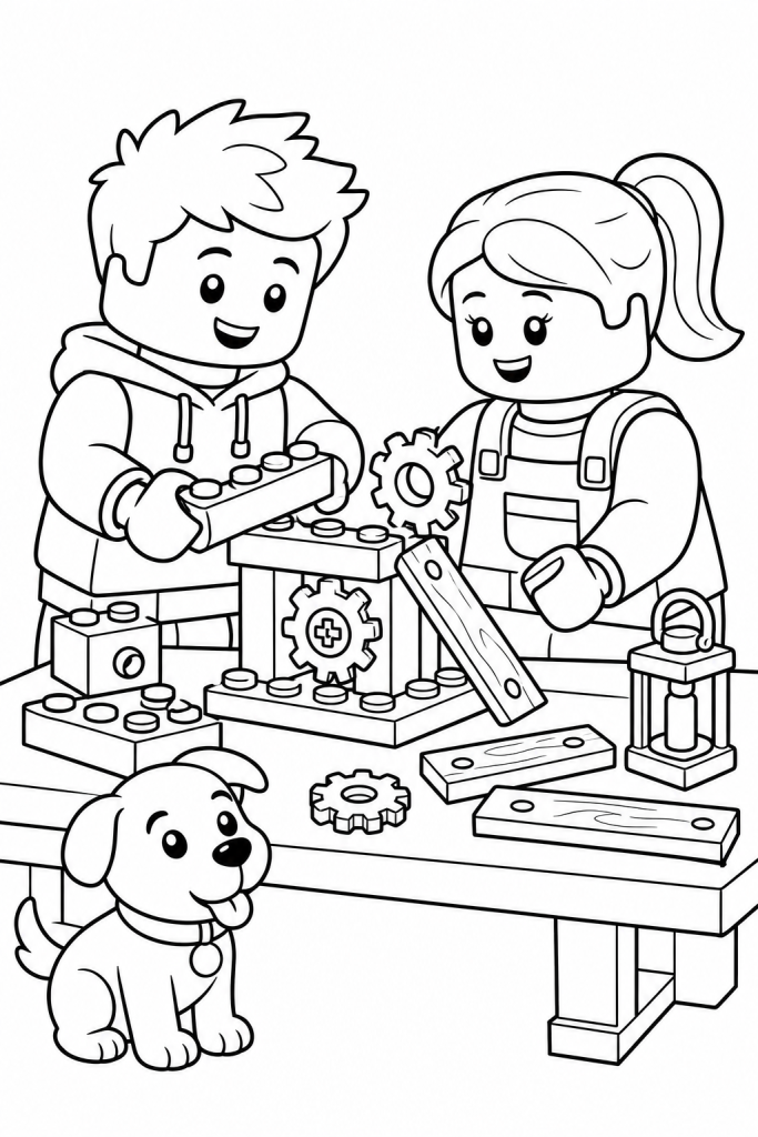 Two friends crafting together with a cute pet beside them.