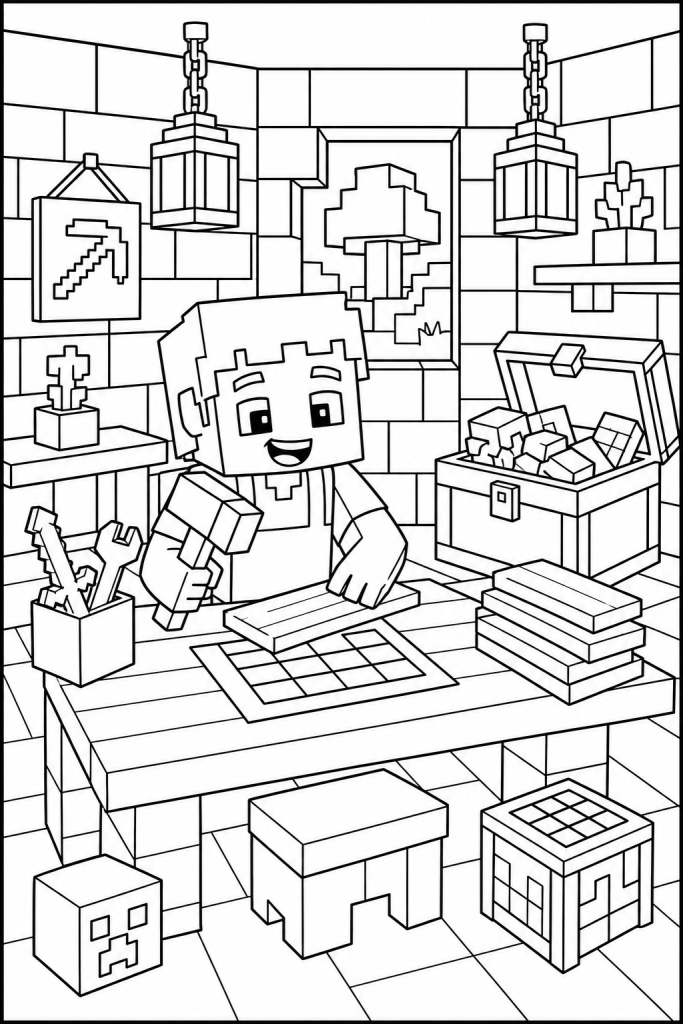 A child builder crafting in a blocky workshop with tools and resources.