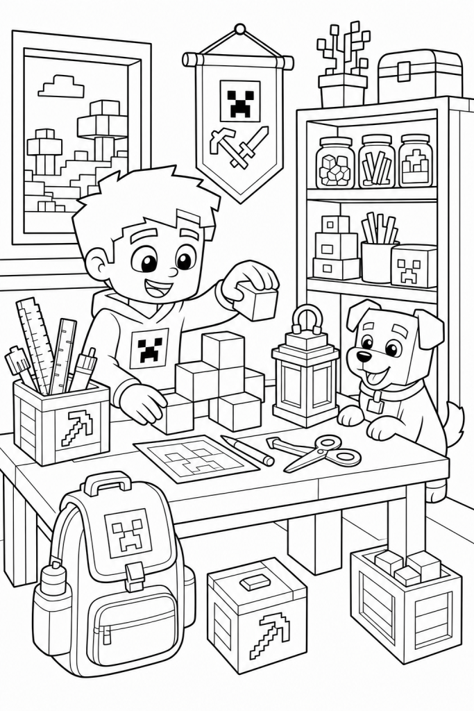 A kid-friendly crafting workshop with blocky tools and a pet helper.