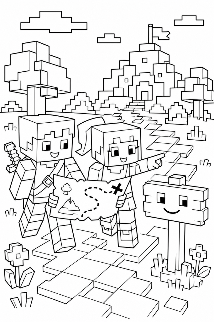 Two blocky characters following a treasure map in a sandbox world.