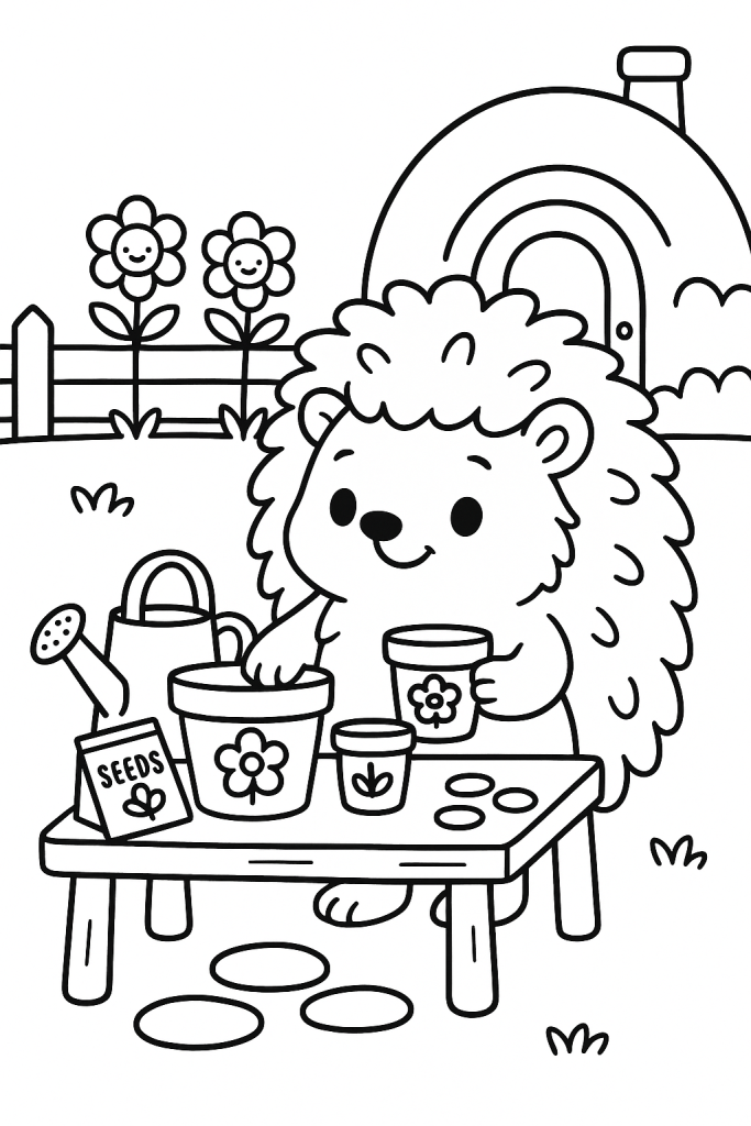 A fluffy original hedgehog creature decorates garden pots at a small outdoor workshop.