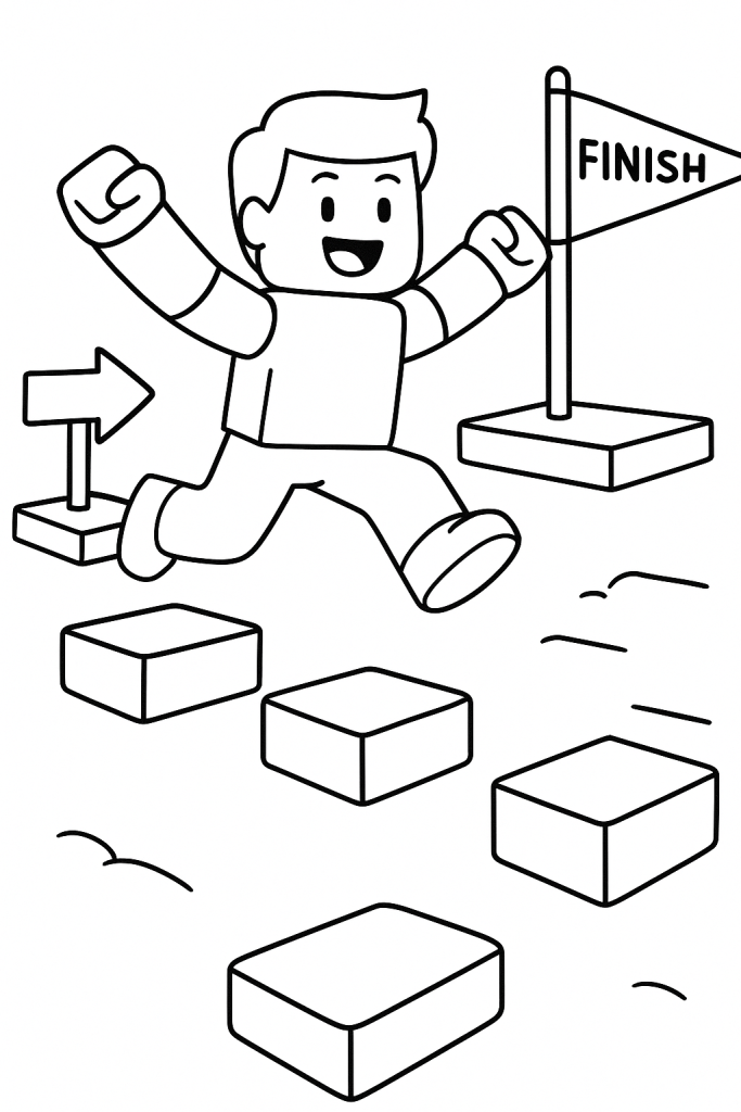 A cheerful blocky character jumps across floating parkour platforms toward a finish flag.