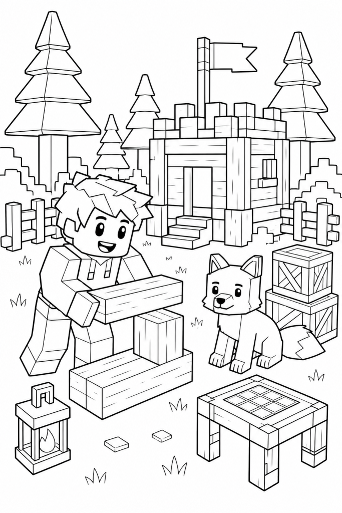A child builder arranging blocky wooden pieces near a forest base.