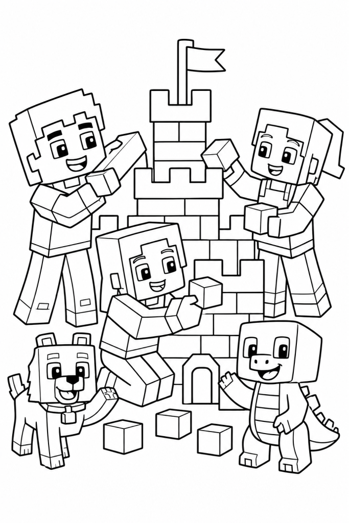 Kids build a castle while two friendly creatures wave nearby.