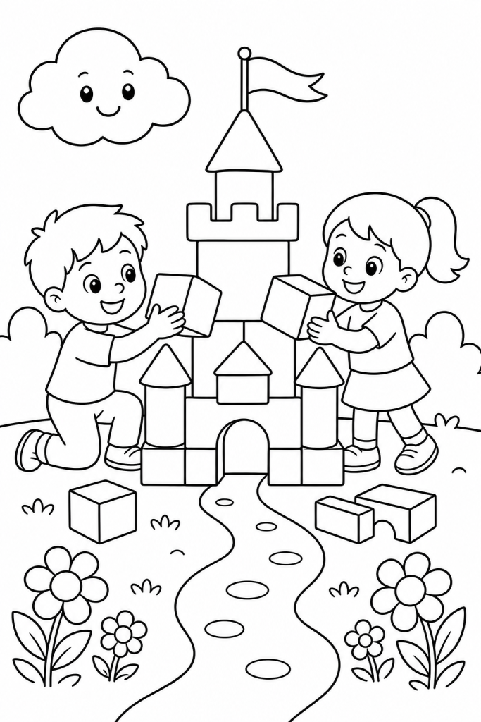 Two children building a blocky castle with large blocks.