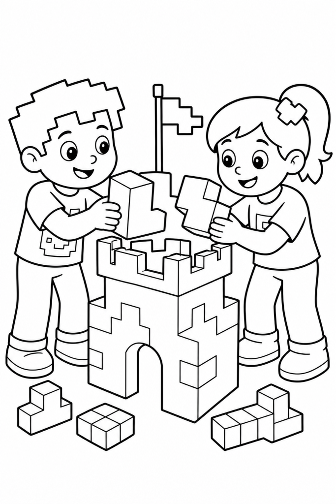 Two kids build a small castle with large blocks in a creative world.