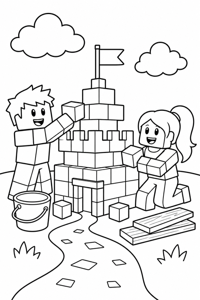 Two blocky kids building a small castle together.