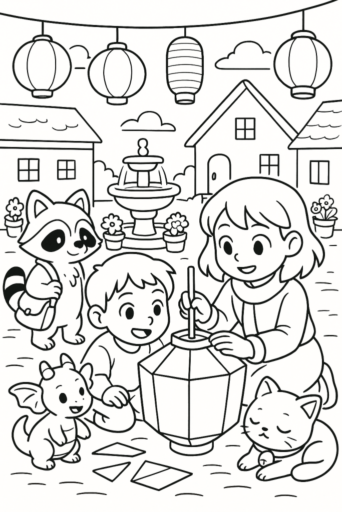 Children and original creature friends solve a lantern puzzle during a cozy village festival.