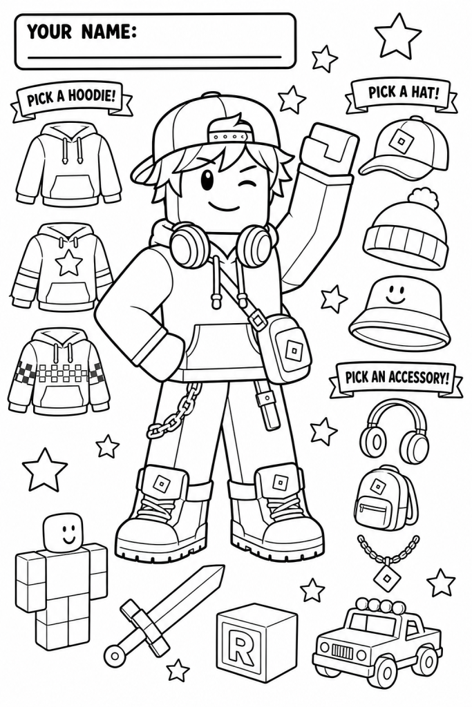 A customizable blocky avatar standing proudly with outfit items around them.