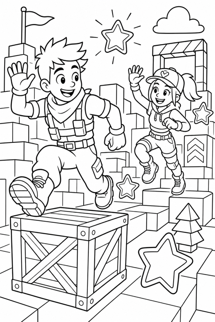 Two teammates running through a blocky obstacle course and collecting stars.