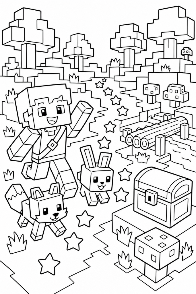 A child follows star-shaped collectibles through a friendly blocky forest.