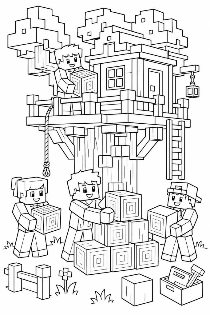 A team of blocky kids building a treehouse together.