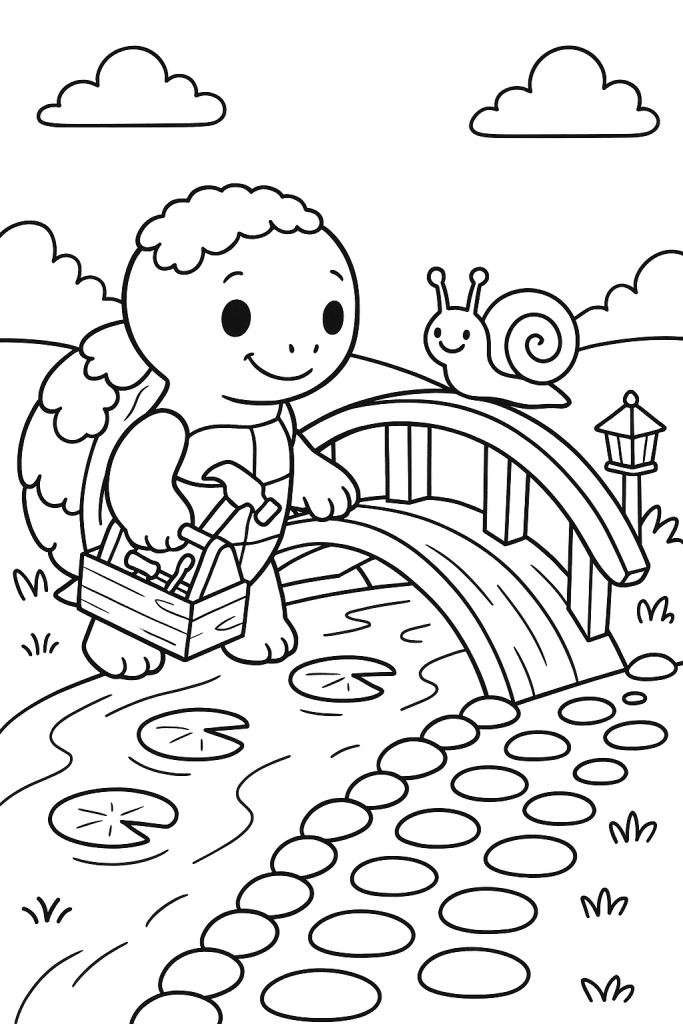 A gentle original turtle creature repairs a small wooden bridge with a snail helper beside a stream.