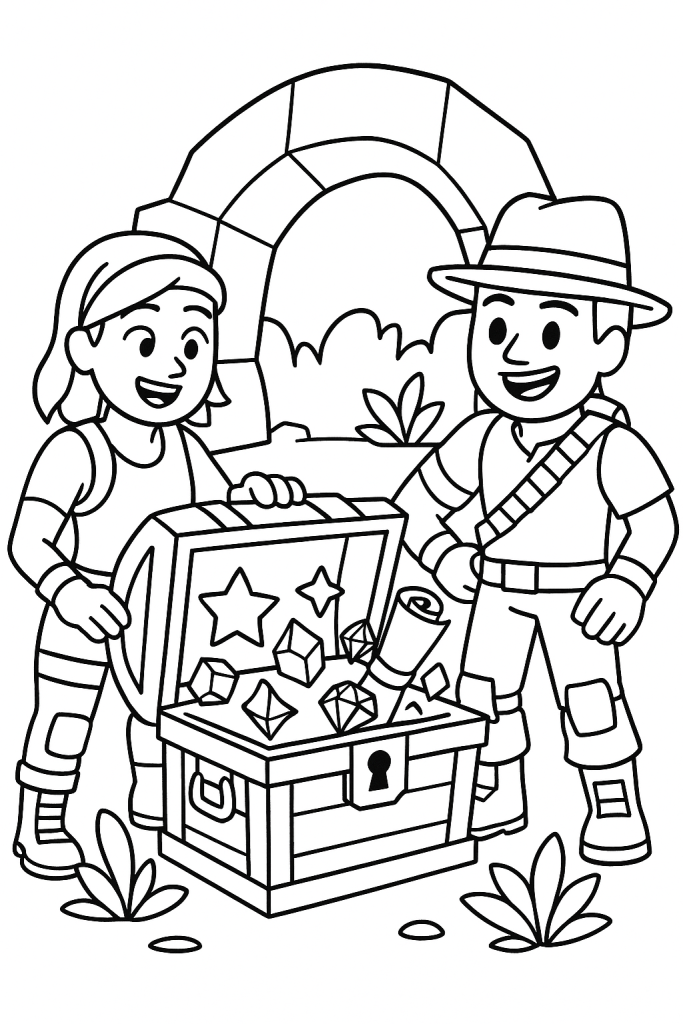 Two blocky adventurers open a treasure chest filled with stars, gems, and scrolls.