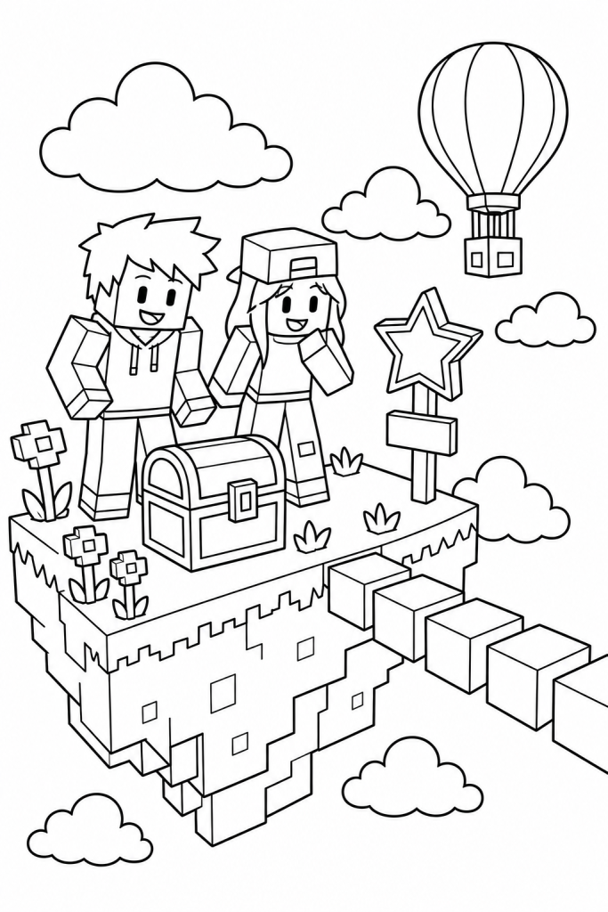 Two kids on a floating sky island with a treasure chest and clouds.