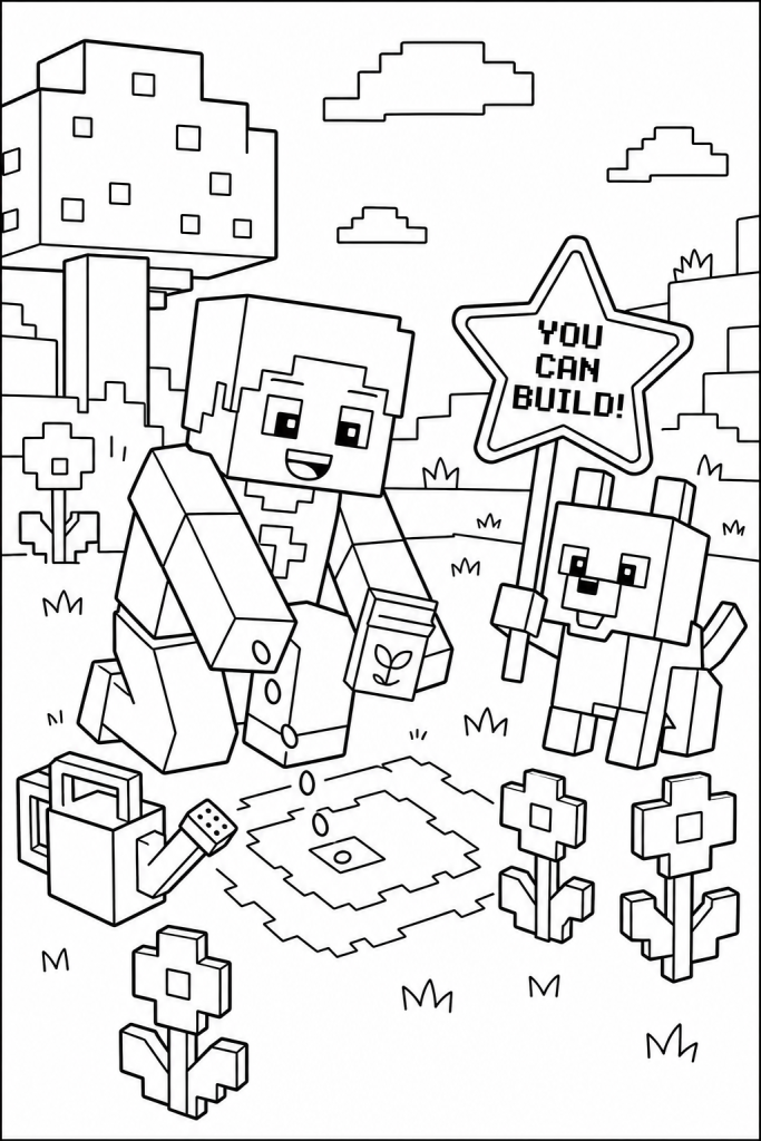 A blocky character plants flowers with a cute helper creature.