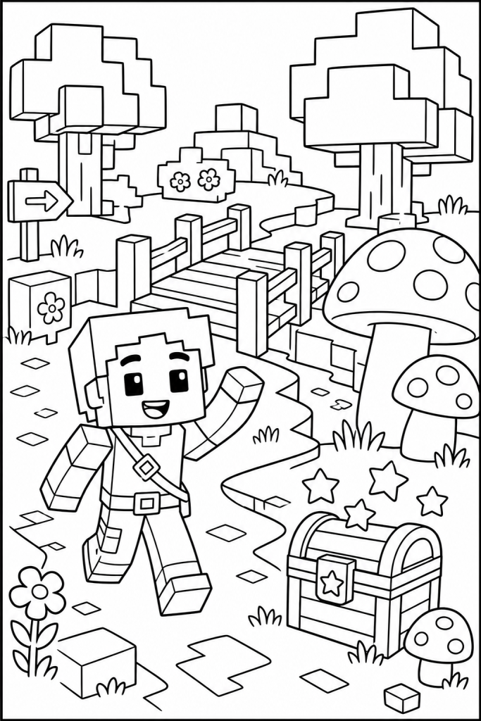 A child adventurer walking along a blocky forest path with mushrooms and a treasure chest.
