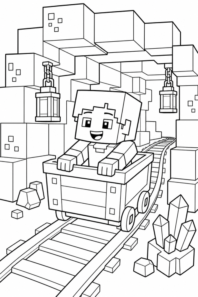 A child rides a mine cart through a blocky tunnel with crystals.