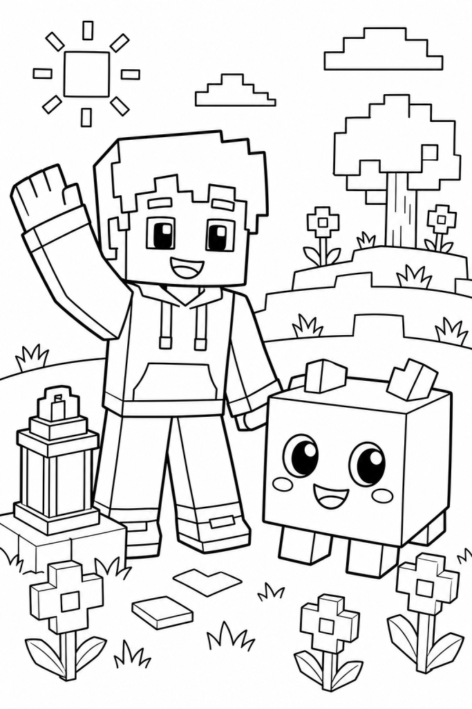 A child waving next to a cute blocky creature.