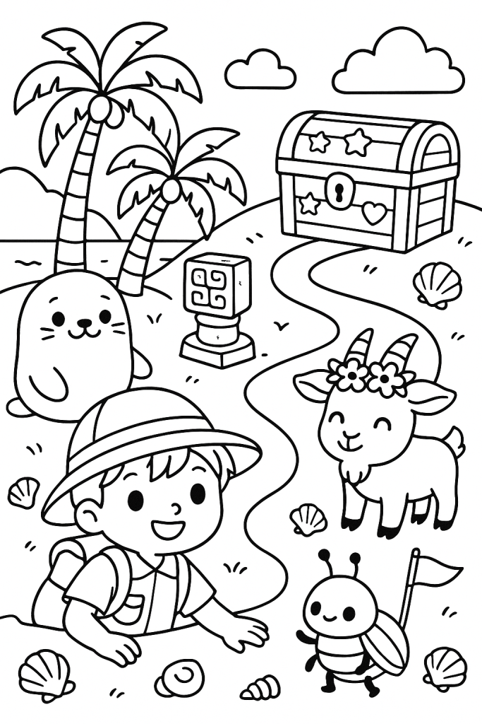 A child explorer and original animal companions search for treasure on a magical island beach.