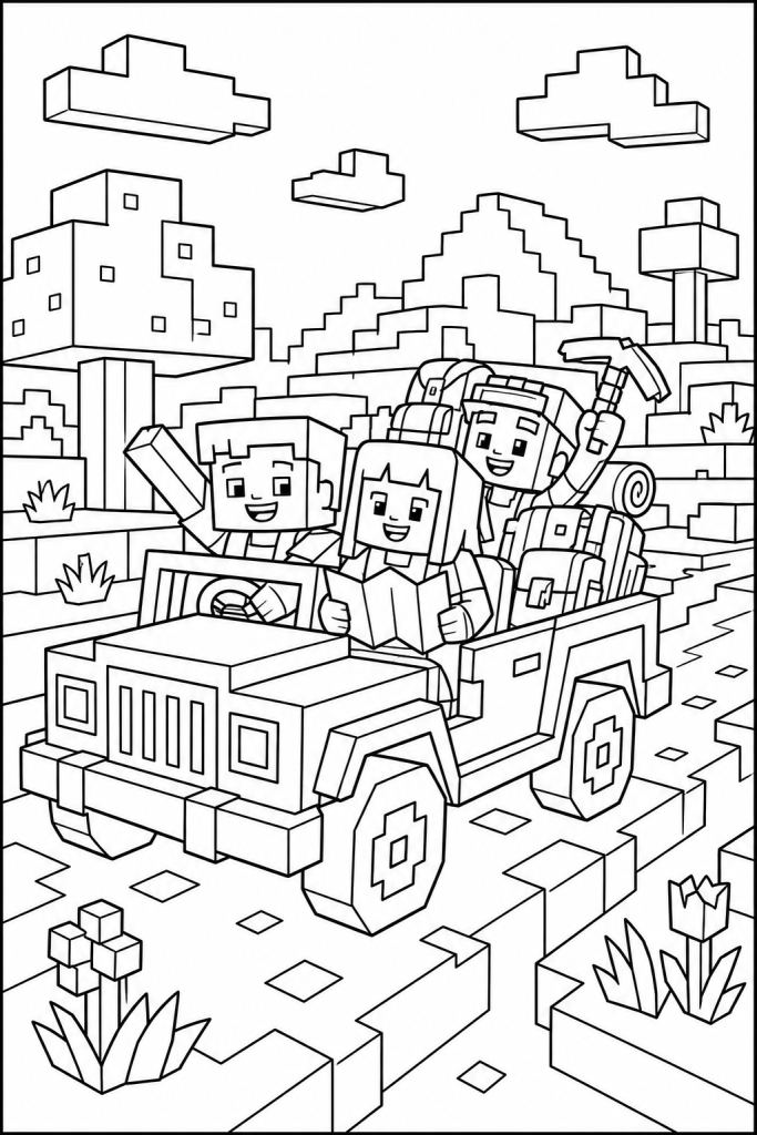 A blocky jeep with kids exploring a cube-shaped landscape.