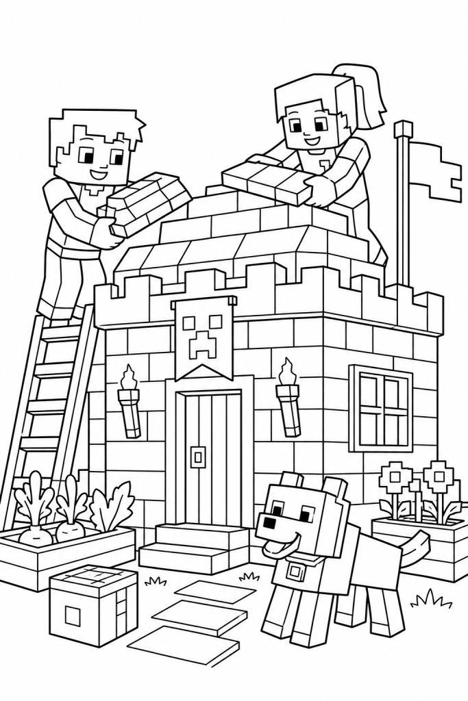 Two kids build a cozy blocky fort with a dog nearby.