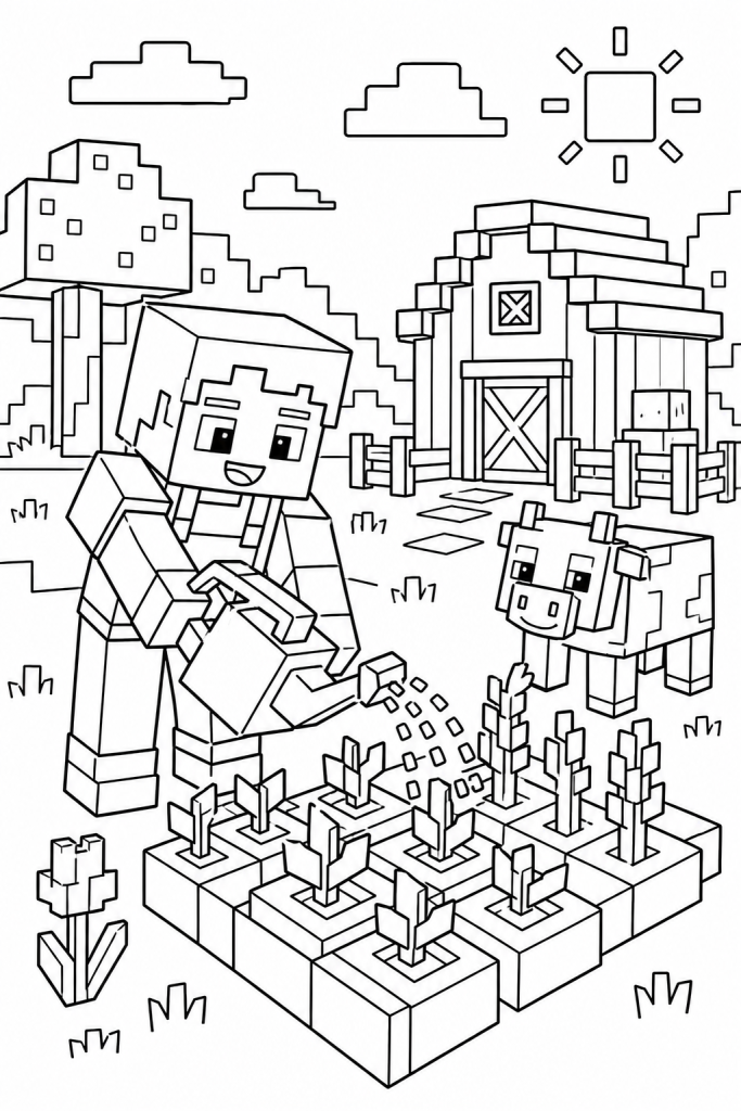 A blocky character caring for crops on a small farm.