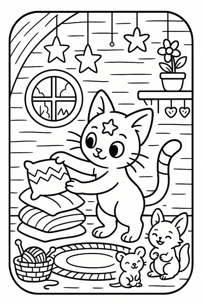 An original cat creature decorates a cozy cabin for small woodland pet friends.