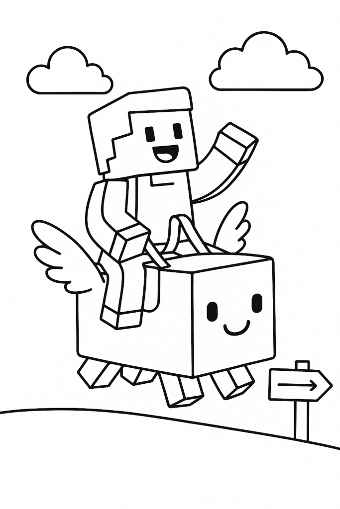 A blocky avatar rides a cute square pet with tiny wings past block clouds and a signpost.