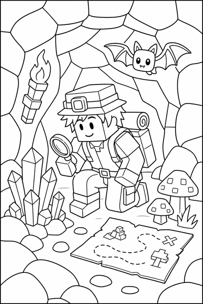 A friendly cave explorer looking at crystals and a map.