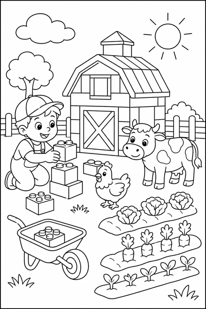 A child building a small farm with a barn, animals, and garden rows.