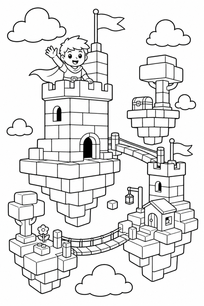 A kid hero waves from a floating block fortress in the sky.
