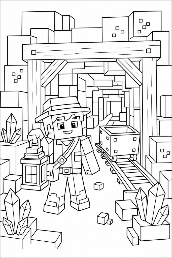 A blocky explorer with a lantern near a mine tunnel entrance.