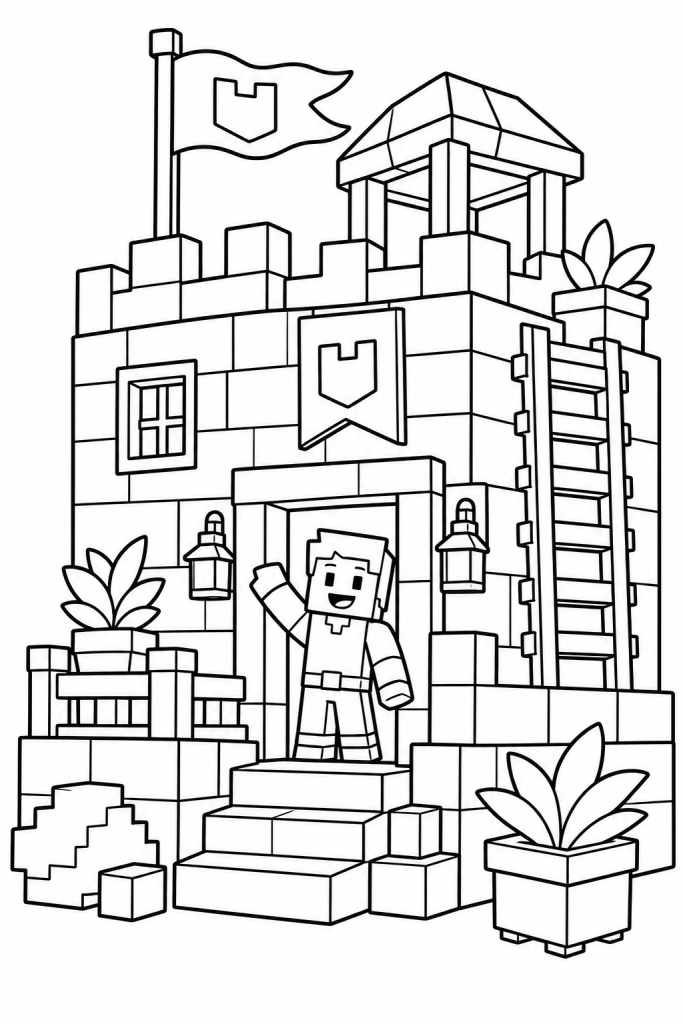 A cheerful block fortress with a waving character and simple decorations.