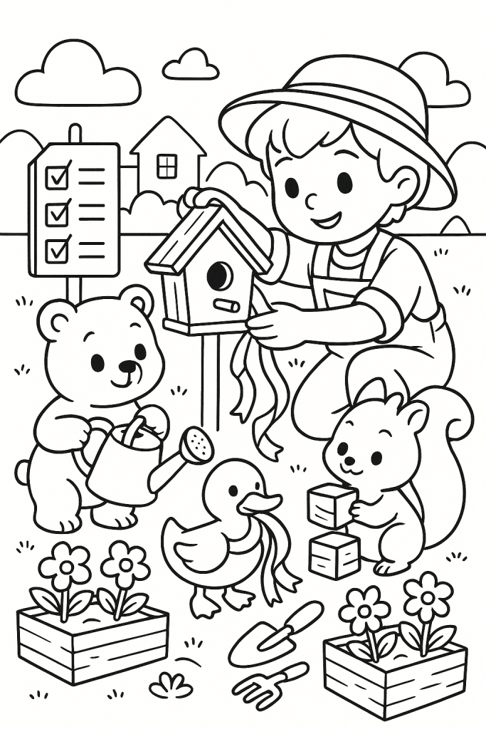 A child and original animal companions work together to decorate a cozy village garden.